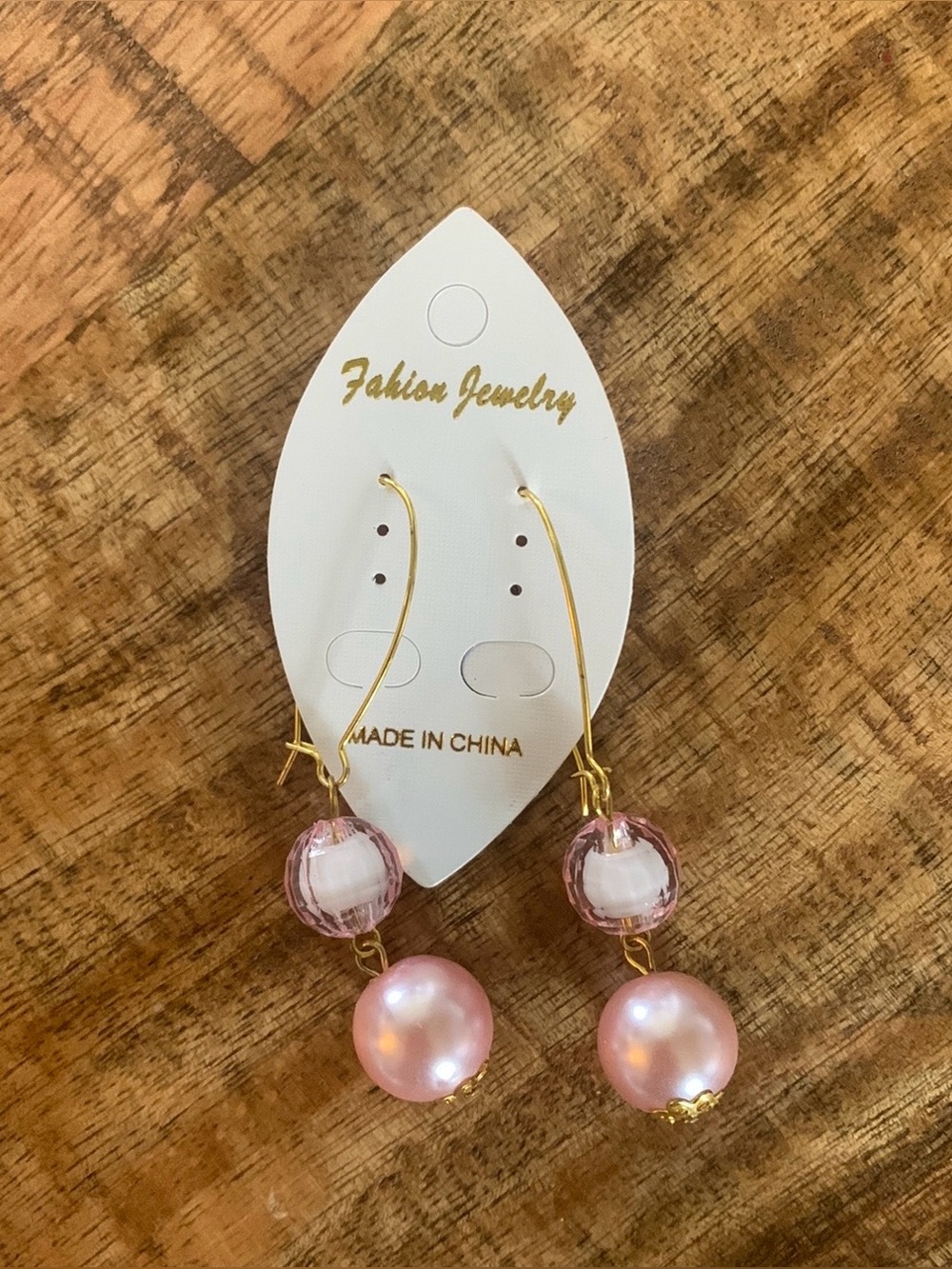 Pink Faux Pearl Bead Drop Earrings